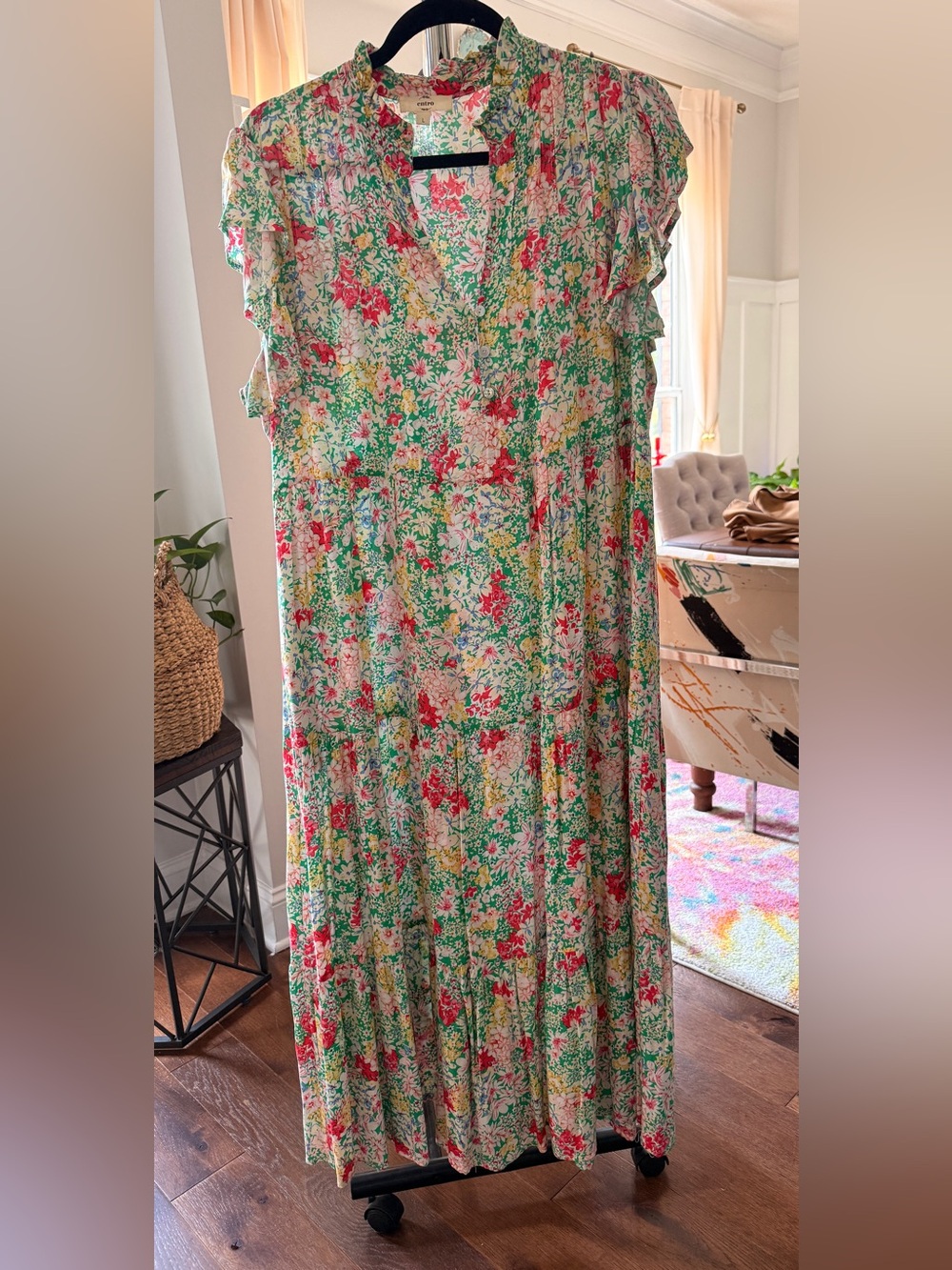 entro Floral Tiered Maxi Dress in Green, Red, Cream
